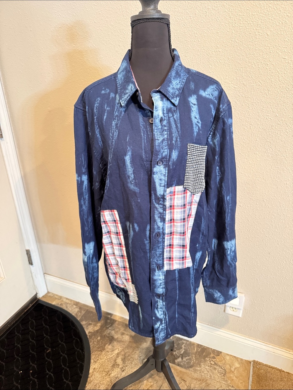 Sun + Stone Navy Tie-Dye Button-Down with Plaid and Gingham Patchwork